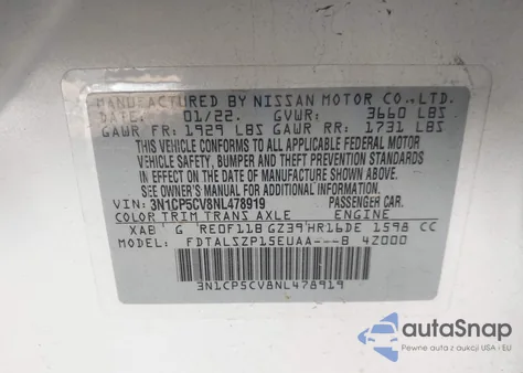 2022 Nissan Kicks Sv Xtronic Cvt из США, поврежденный, VIN 3N1CP5CV8NL478919